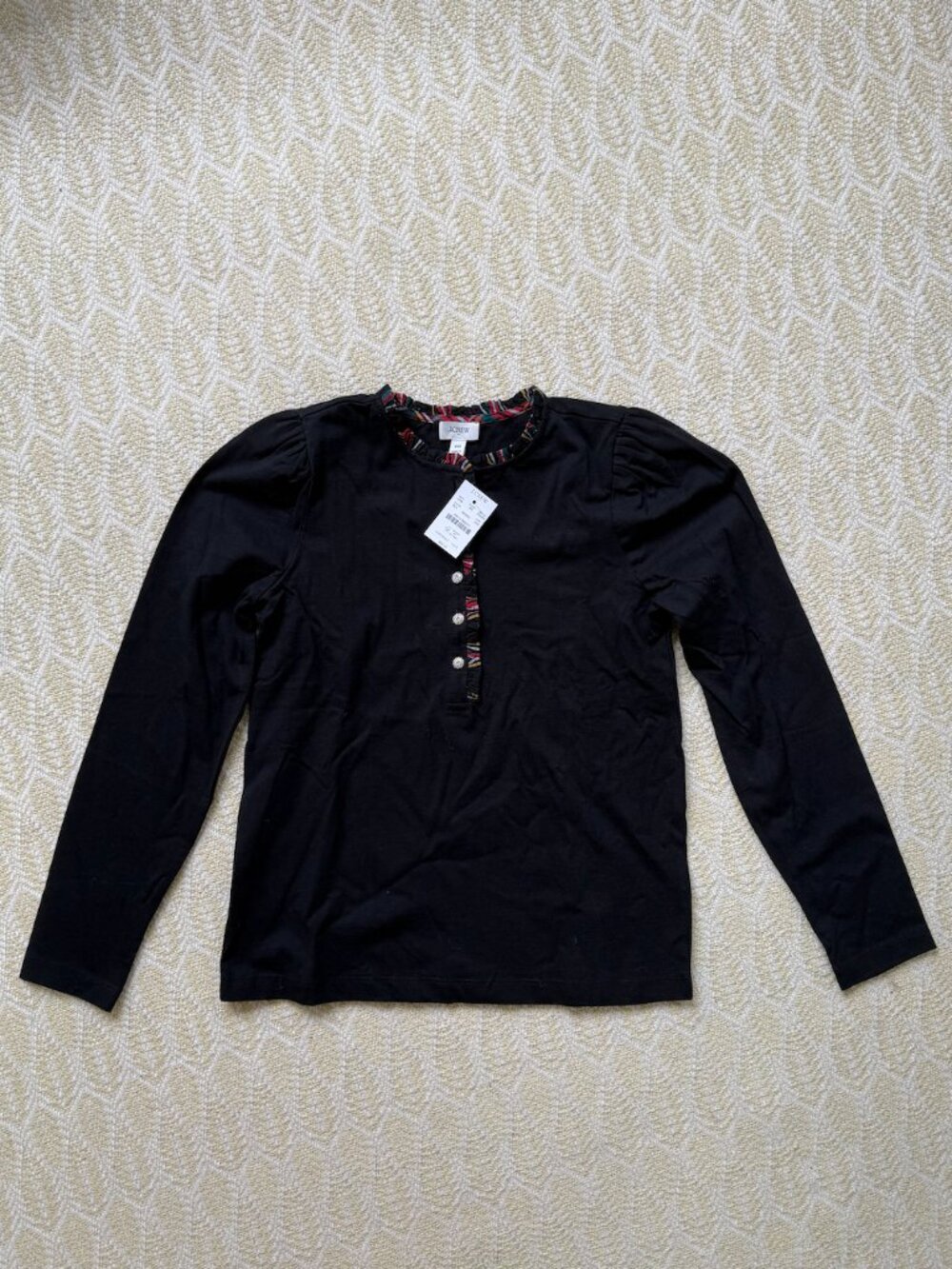 NWT J. Crew Black Tee with Buttons and Plaid Ruffle Trim